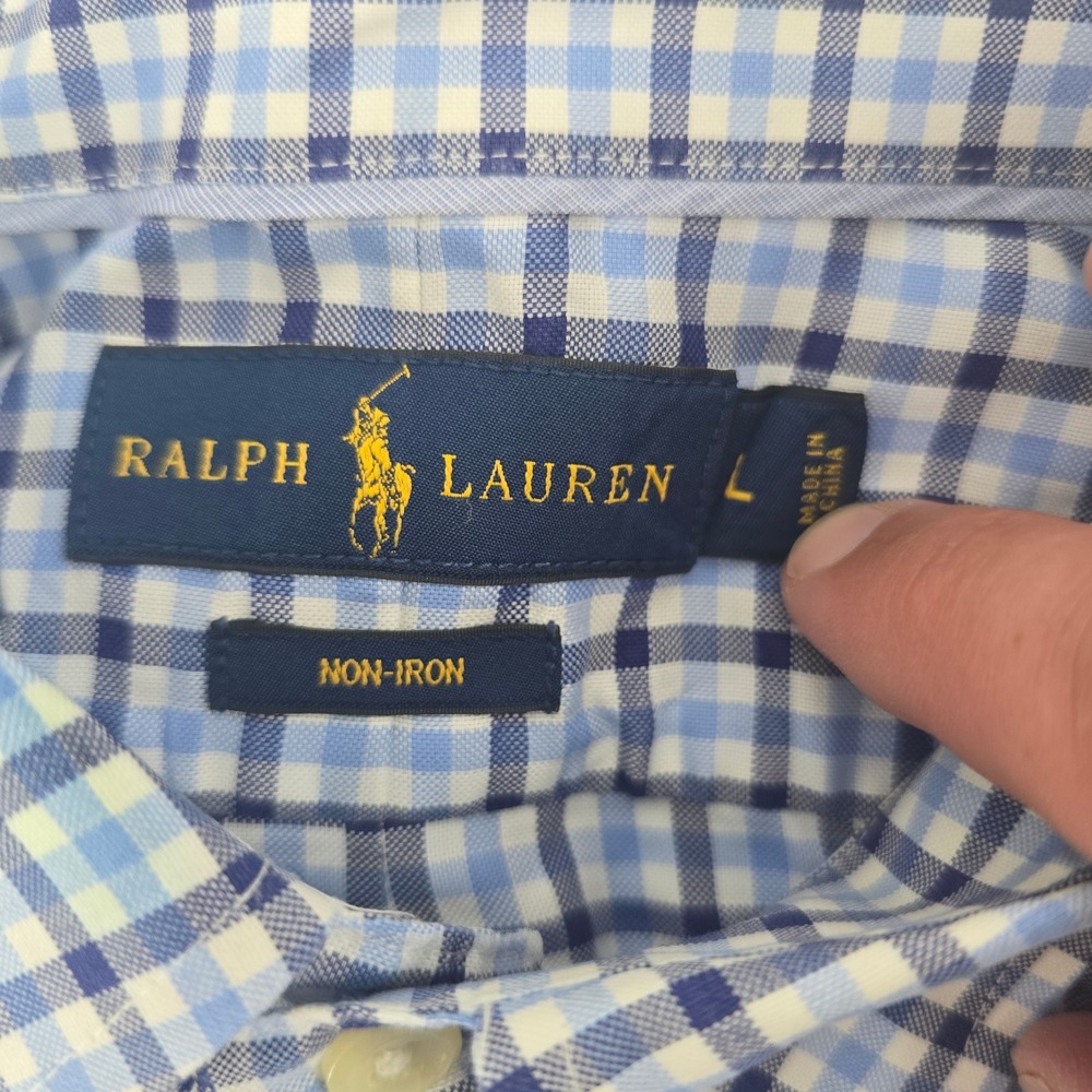 Ralph Lauren Mens Large Blue Gingham Plaid Non-Iron Button Down Shirt LS - Picture 6 of 6